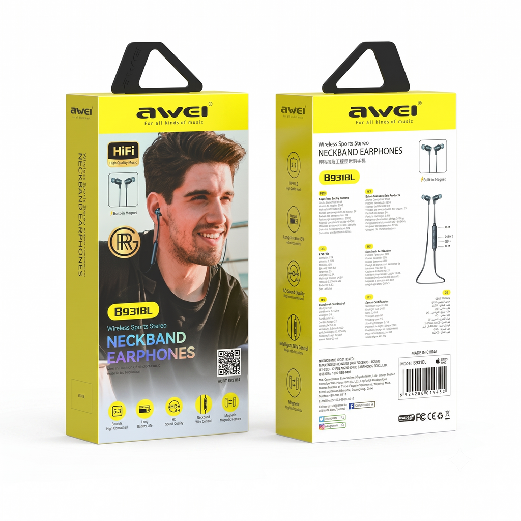 Awei B931BL Wireless Sports Neckband Earphone – Bluetooth 5.3 Headset with HiFi Stereo Sound, Deep Bass, 200mAh Battery & In-line Wire Control