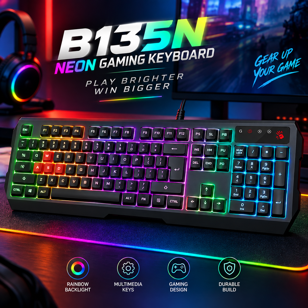 Bloody B135N Neon Gaming Keyboard – 1000Hz Report Rate, Neon Backlit, Double Water-Resistant, Screw-Enhanced Space-Bar & USB Wired Connection