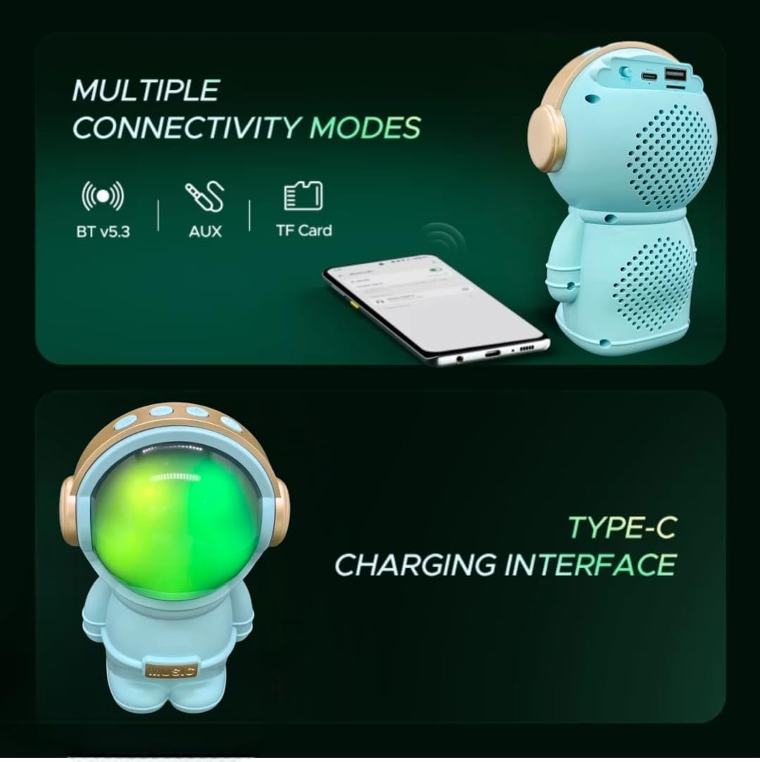 Wrader X808 Cute Astronaut Wireless Bluetooth Speaker – 5W Woofer Bass, RGB LED Lights, TWS Stereo, FM, USB & TF Card Support