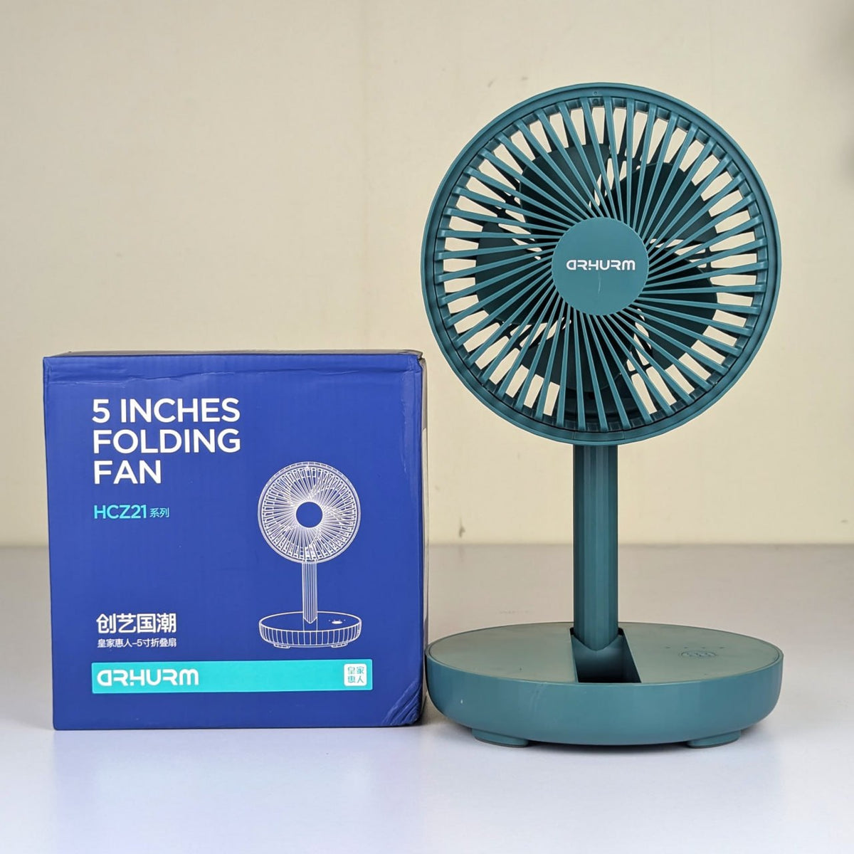 HCZ21 5-Inch Rechargeable Folding Fan (Green) – Portable Telescopic Desk Fan with 2000mAh Battery, 1.5-4 Hours Backup, Micro USB Charging & Compact Design