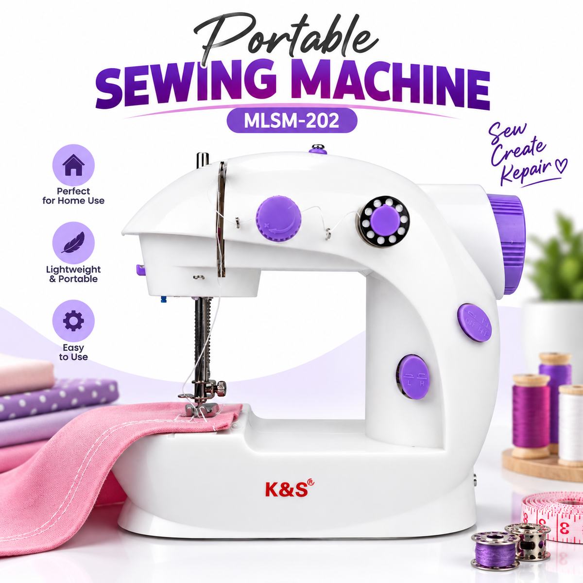 Portable Sewing Machine MLSM-202 – Double Speed Compact Electric Sewing Machine with LED Light, Foot Pedal, Built-in Cutter & Dual Thread System for Home Use