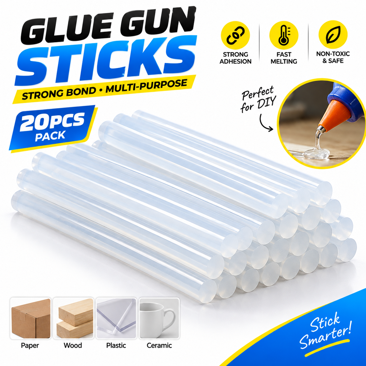 Glue Gun Sticks 20 Pcs Pack – All-Purpose Hot Melt Adhesive Sticks, Quick Drying & Strong Bonding for Crafts, Wood, Plastics, School & DIY Projects