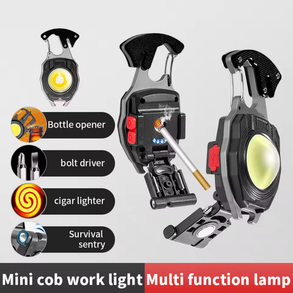 3 Gear Mini Rechargeable Keychain Flashlight – Multifunctional COB Pocket Torch with Magnetic Base, Screwdriver, Wrench, Cigarette Lighter & Waterproof Design