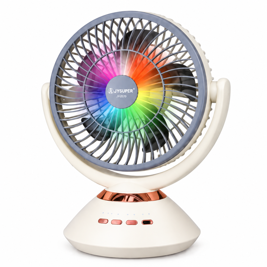 JYSUPER JY-2570 Rechargeable Stand/Table Fan with LED Light – 4 Speed Levels, 100° Auto Oscillation, 115° Tilt, Timer & Solar Panel Charging Support