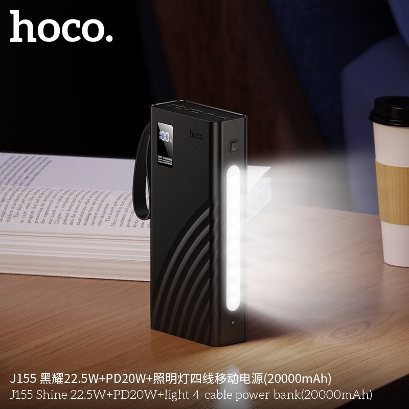 Hoco J155 Shine 20000mAh 22.5W & PD 20W Fast Charging Power Bank – 4 Built-in Cables (Type-C, Lightning, Micro, USB-A), 6 Outputs, Built-in LED Emergency Light & Digital Display