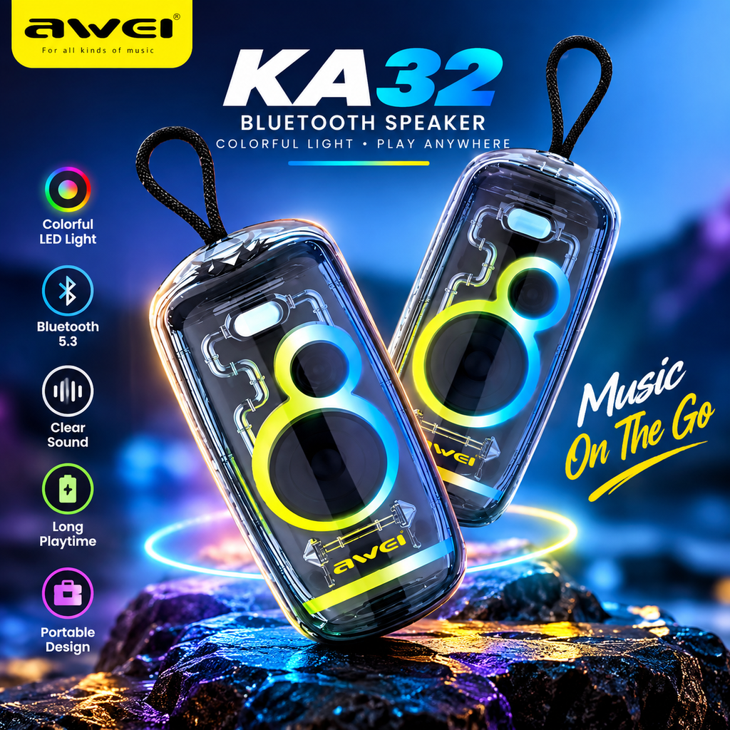 Awei KA32 Portable Wireless Bluetooth Speaker – 20W Dual Speakers, Bluetooth 5.3, IPX4 Waterproof, TWS Stereo & RGB Colorful Lights