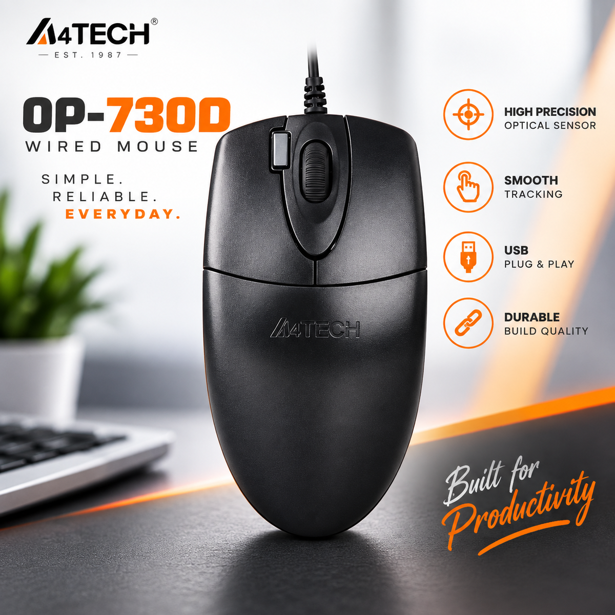 A4tech OP-730D Wired Optical Mouse – Silent Click Technology, Hyper-Fast Scrolling Wheel, Smooth Cursor Control & Ergonomic Contoured Design for Enhanced Productivity