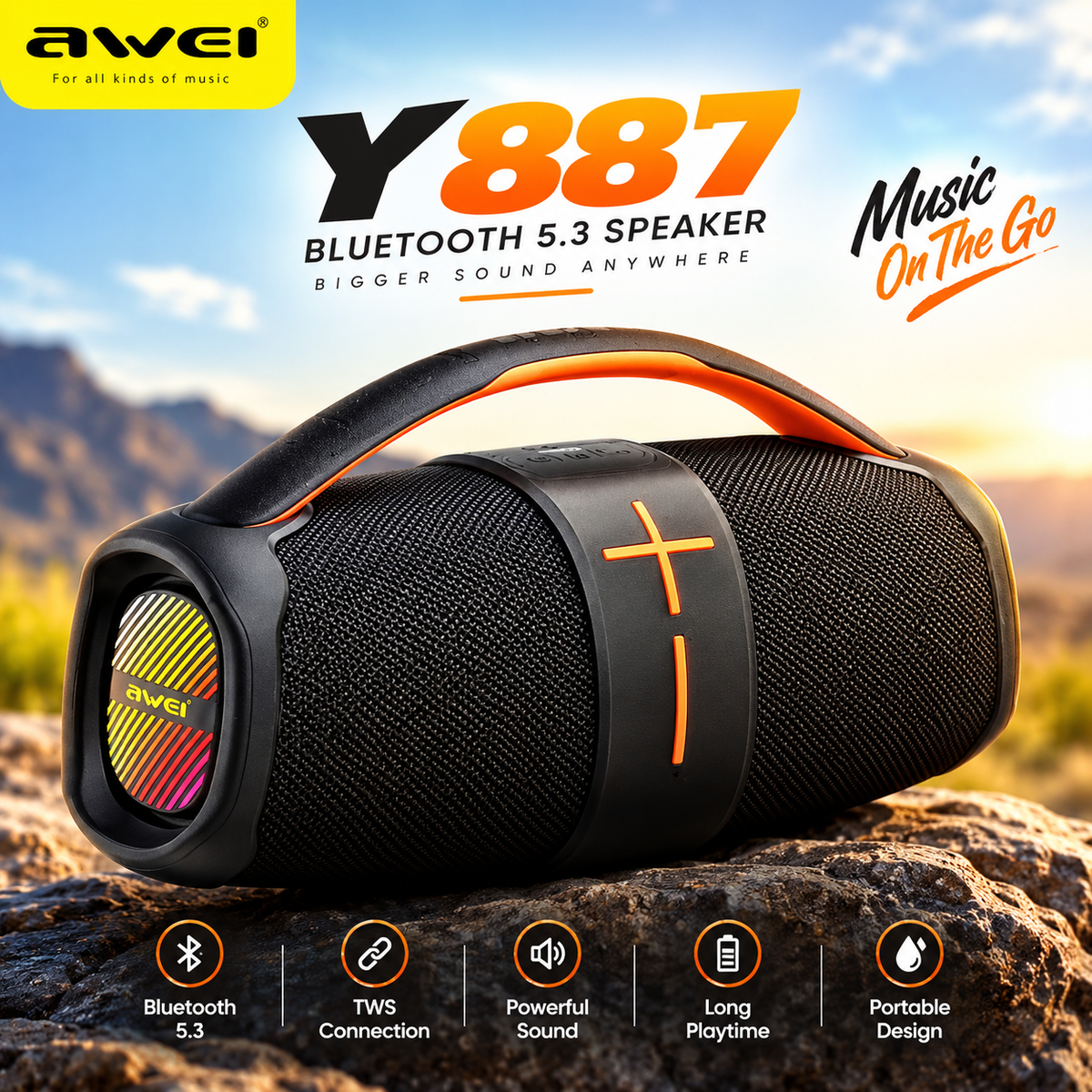 Awei Y887 Portable Outdoor Wireless Bluetooth Speaker – 20W Stereo Sound, Bluetooth 5.3, IPX5 Waterproof, 3600mAh Battery & RGB Breathing Lights