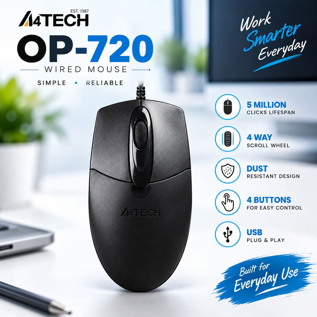 A4tech OP-720 Wired Optical Mouse (OP-620D/620DS Series) – Silent Click Technology, Hyper-Fast Scrolling Wheel, Smooth Cursor Control & Ergonomic Contoured Design