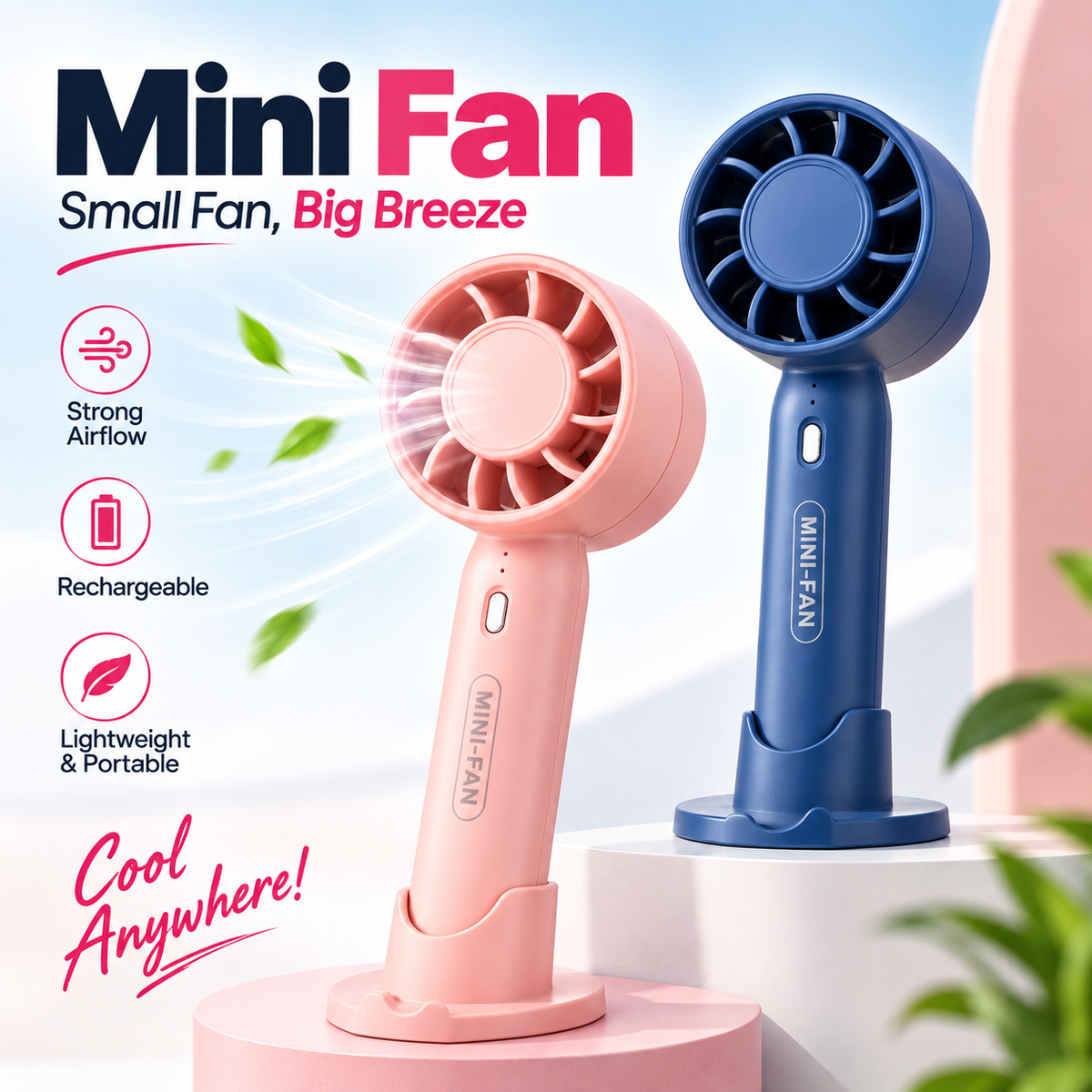 T10 Handheld Mini Fan – Portable USB Rechargeable Desk Fan with Adjustable Speed, Low Noise High-Speed Airflow & Desktop Stand for Travel & Office