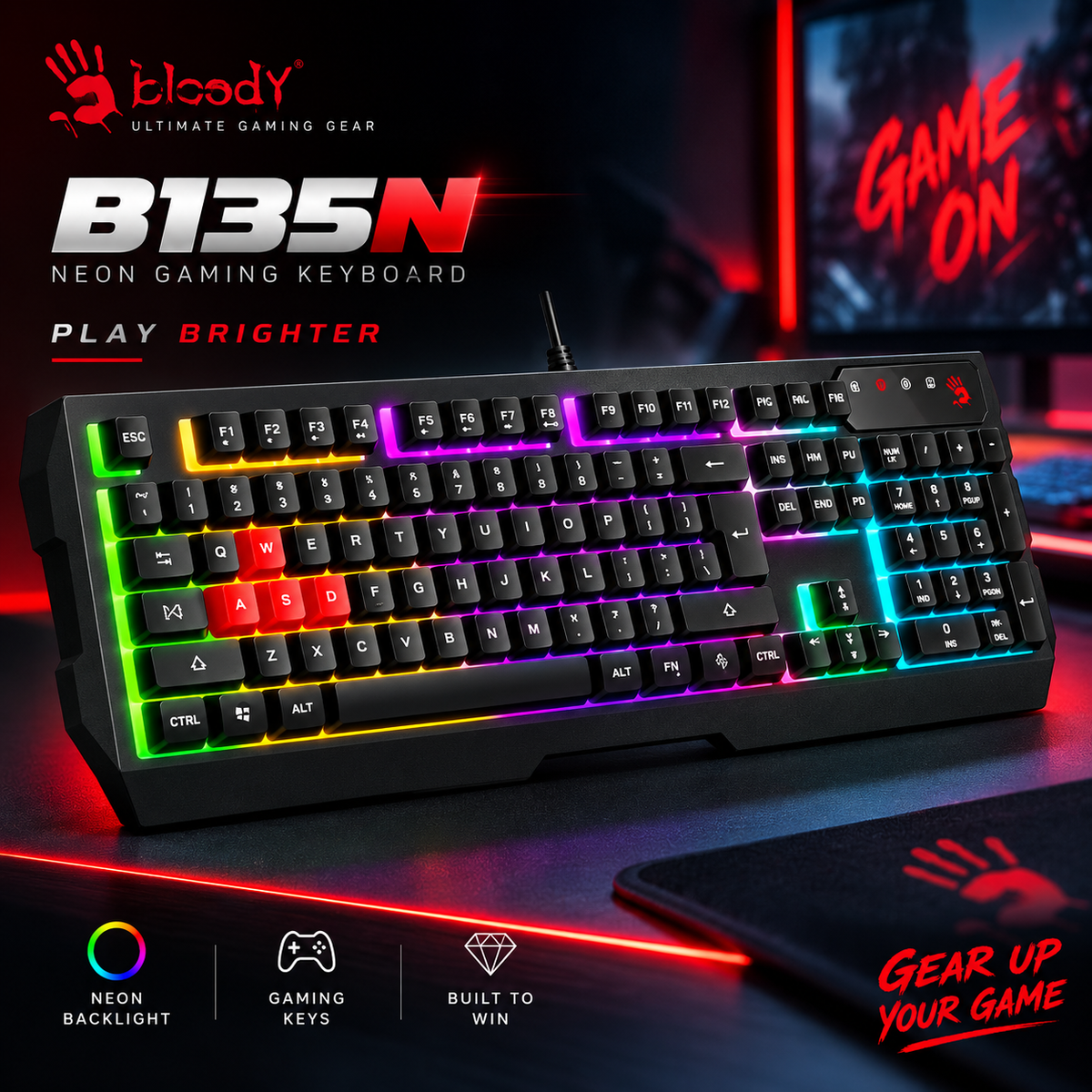 Bloody S510N Pudding Black Neon Gaming Keyboard – 1000Hz Polling Rate, 1ms Key Response, Adjustable Neon Backlit, Double Water-Resistant & Screw-Enhanced Space-Bar
